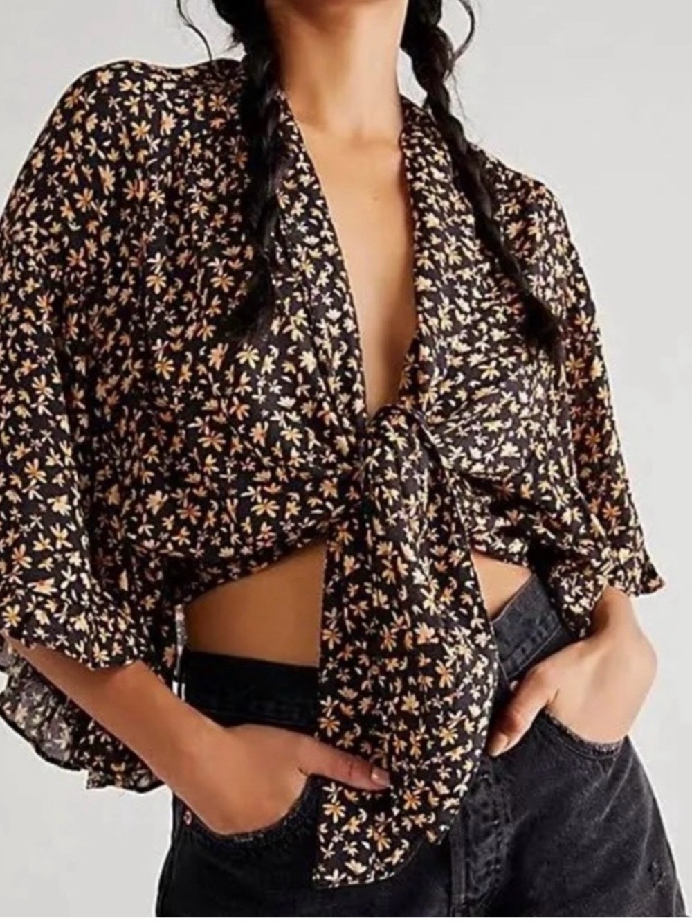 Free People Floral Tie-Front Crop Top